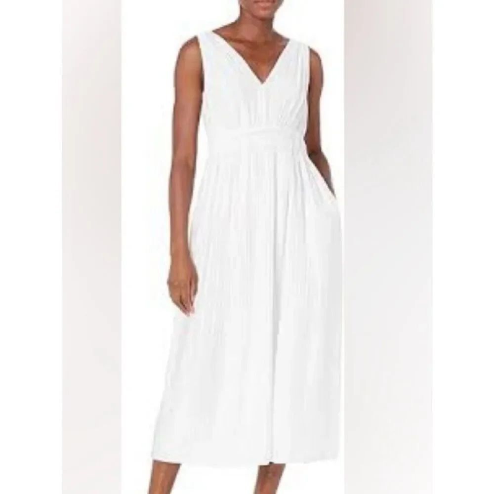 Vince V Neck Pleated Midi Sleeveless Dress White Womens XS NEW FLAW